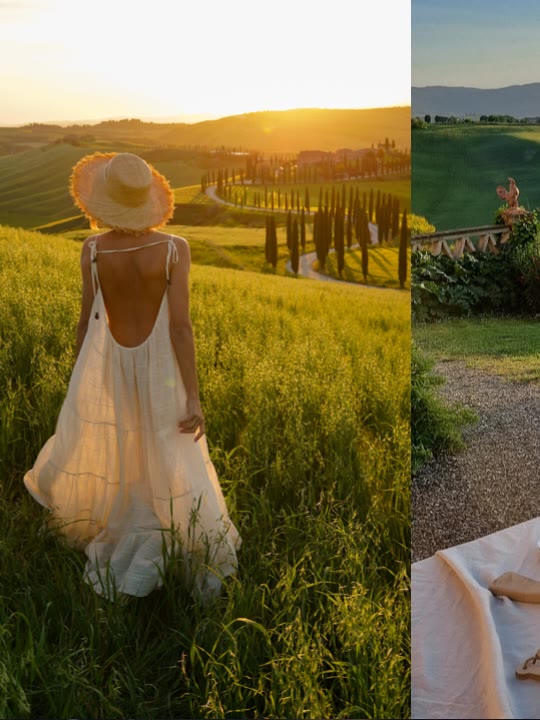 Mujer caminando sola por un campo toscano al atardecer